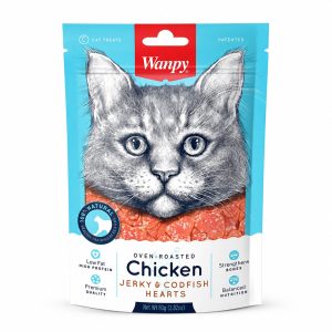 تشویقی گربه ونپی مدل Chicken Jerky & Codfish Hearts وزن 80 گرم